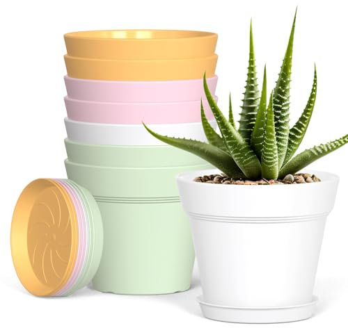 Plastic Plant Pots Indoor Outdoor, 8 Pack 4Inch/10CM Small Plant Pots Flower Pot with Drainage Holes and Tray,Modern Decorative Planter Pot for Succulent and All House Plants(Colorful)