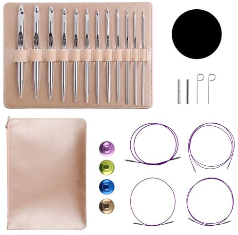 Gosknor Tunisian Crochet Hooks Set with Cables, Aluminum Interchangeable Circular Knitting Needles Kit for Beginners 3mm-10mm Long Crochet Hooks with Case for Weave Knitting & Crocheting Projects