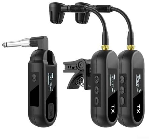 Sistema microfono per sassofono wireless a lungo raggio, tecnologia UHF, design a clip per sax e tromba, durata della batteria di 8 ore, trasmettitore e ricevitore compatti (da 1 a 2)