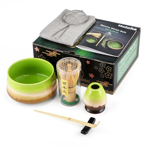 7 Piece Matcha Set, Fouet Matcha, Macha Tea Set with Matcha Spoon, Whisk Holder, Matcha Balai, Shovel, Strainer, Matcha Kit Traditional Japanese Tea Ceremony Best Gift for Lovers, Vert four