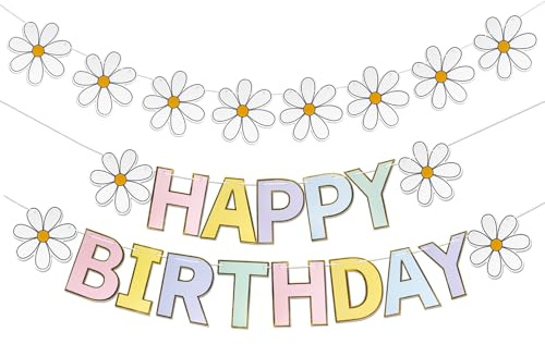 Gänseblümchen Blume Happy Birthday Banner Pastell Happy Birthday Banner Daisy Party Hängende Wimpelkette für Indoor Outdoor Geburtstage Party Dekorationen