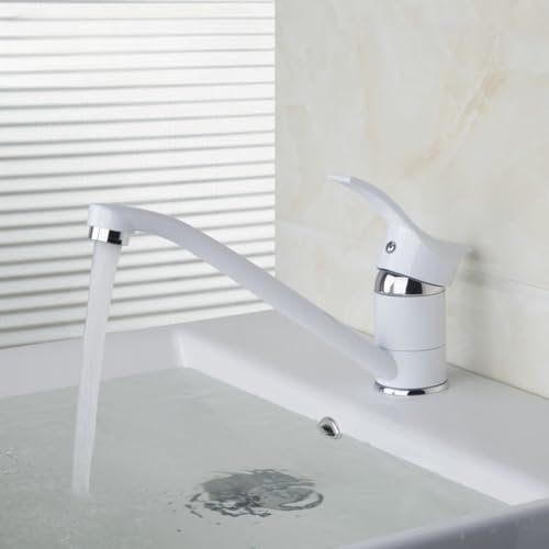 CRBUDY Miscelatore monocomando per Acqua Calda e Fredda, Verniciato Bianco, Rubinetto per lavabo in Ottone Massiccio, Rubinetto per Bagno Cromato