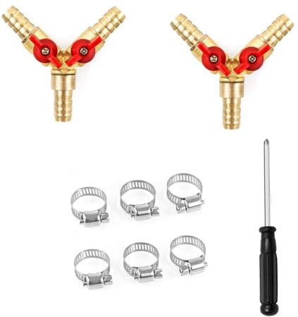 Zbssny 2 Stück 3 Wege Schlauchverbinder Y Splitter, Schlauchverbinder 10mm Messing mit Kugelhahn, Gardena T Stück für Luft Wasser Gas, inkl Schlauchschellen Ventile Verbindungen