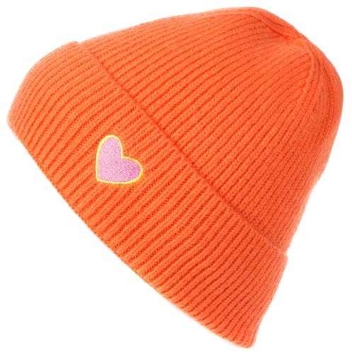 styleBREAKER Damen Strick Beanie mit Herz Stickerei & Fleece Futter | Warme Wintermütze Einheitsgröße 56-59 cm | Weiche gefütterte Beanie Mütze, Farbe:Orange