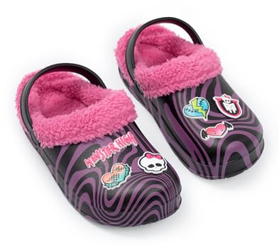 Monster High Girls Black Pink Heart Badges Clogs | Fluffy Lined Footwear for Everyday Wear | Fun Character Design Inspired by TV Series Merch