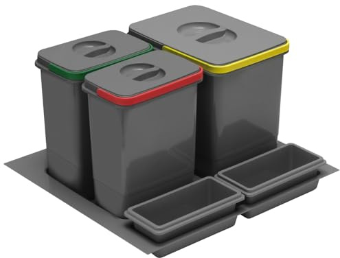 B2C Drawer Cabinet Waste Bins Integrated 600mm Recycling Insert Tray Set Under Counter Anthracite Lided (1x15L + 2x7L)