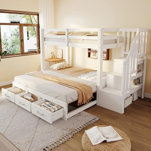 Crlnaup Litera 90 x 200 cm, cama nido 90/180 x 190 cm, con escalera de almacenamiento con varios cajones, función de cama nido, cama juvenil, somier, cama de madera, color blanco