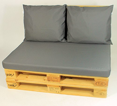 Rattani Polster für Europalette, Palettenpolster, Palettenkissen, Set Sitzkissen + 2 Rückenkissen, Fb. grau/grau