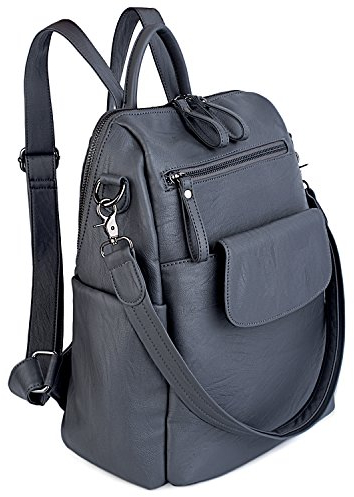 UTO Rucksack Damen Elegant mit Schultergurt Modischer Multifunktionsrucksack Schultertasche Herren PU Leder Backpack Kompartiment Reißverschluss Umhängetasche Schule Schulrucksack Handtasche Grau
