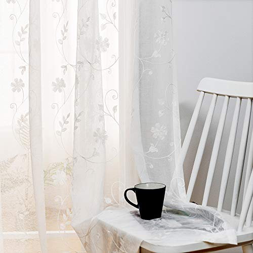Transparente Vorhänge Mit Blumenstickerei, 114 cm Länge, Stangentasche, Voile für Wohnzimmer, Schlafzimmer, Fensterbehandlungen, Halbknisternde für Hof, 2er-Set, 132.1x114.3 cm