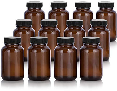 Amber 4 oz Glass Packer Bottle with Black Ribbed Lid (12 pack)