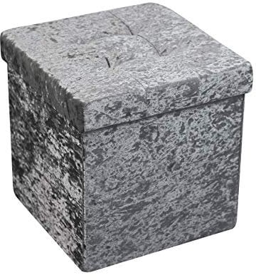 HomeHarmony® Crushed Velvet Quilted Top Folding Storage Ottoman Seat, Stool, Toy Storage Box (Medium Silver)