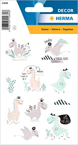 HERMA 15680 Aufkleber Dinosaurier Glitzer klein, 20 Stück, Tiere Sticker mit lustigen Dino Motiv, Kinder Etiketten für Fotoalbum Tagebuch Poesiealbum Scrapbooking Geburtstag Deko Briefe DIY Basteln