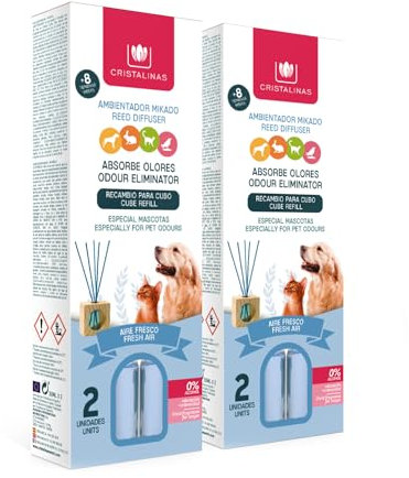CRISTALINAS. Recambios Ambientador & Absorbe Olor Mikado para Mascotas. 0% Alcohol. Mas de 4+4 semanas de duracion. 2x30 ml. Aroma (Aire Fresco) (Pack Dúo)