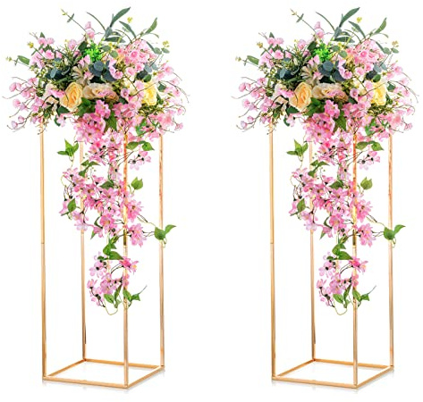 NUPTIO Gold Stands for Centerpieces, Geometric Column, 31.5 Tall, 2 Pcs
