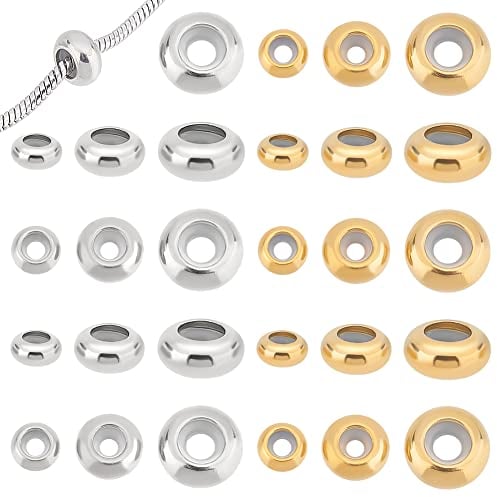 UNICRAFTALE About 30pcs 6/8/10mm Stopper Beads Silicone Spacer Rondelle Slider Beads with Rubber Inside Spacer Beads Stainless Steel Loose Beads Metal Spacers for DIY Jewelry Making