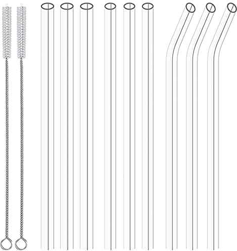 HONZUEN Paille en Verre Réutilisables avec Brosse de Nettoyage, 9 Pièces Sans BPA Eco Longues Transparentes Droites & Courbées Pailles à Boire en Verre pour Milkshake Cocktails, 8mm et 10mm
