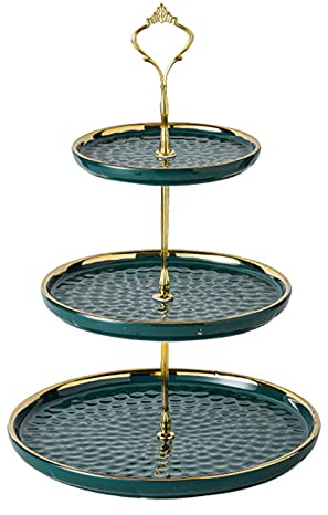 Koomuao Etagere 3 etagen Keramik Obstteller Tortenständer für Cupcake, Käseplatte Cupcake Dessert Ständer, Metallstab Kuchenständer, Party Hochzeit Deko Tortenständer (Grün-A, 3 etagen)