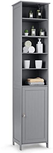 CASART Bathroom Tall Cabinet, Slim Storage Organizer with 5 Open Shelves & One Cabinet, Freestanding Cupboard Unit for Bathroom, Living Room, Hallway (Grey)