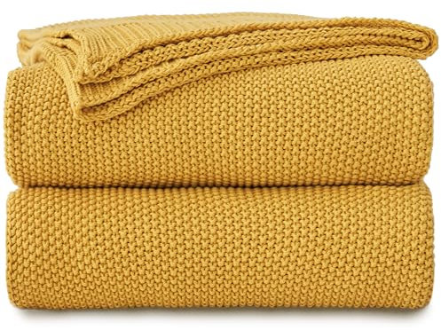 Longhui Bedding, senfgelbe Baumwoll-Zopfmuster-Decke für Couch, Sofa und Bett – leichte, dekorative gestrickte Decke mit Bonus-Waschbeutel, 152,4 x 203,2 cm, maschinenwaschbar