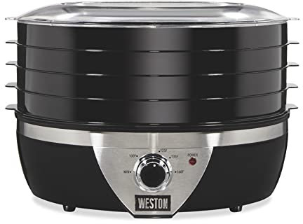 Weston Food Dehydrator Machine Jerky for Fruit, Meat, Herbs, Vegetables with Temperature Control (100-160F), 4 Stackable Trays (3 Meters), Black Stainless Steel Accent (75-0640-W)