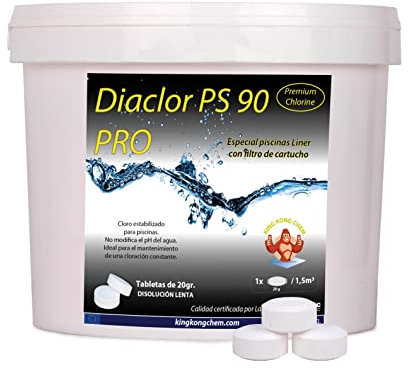 Cloro Especial Liner y Piscinas pequeñas Filtro Cartucho DIACLOR PS 90 Pro 5 KG - 250 Pastillas de Cloro Lento (20 gr- 3 cm Diámetro) - SIN Cobre (Apto para Liner)