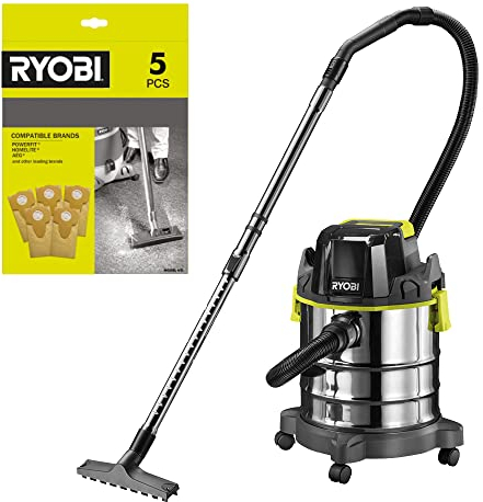 RYOBI - Aspirateur Eau et Poussière 18V ONE+ - Cuve Inox 18L, Livré avec Flexible, Tube Extensible, 5 sacs (sans Batterie ni Chargeur)