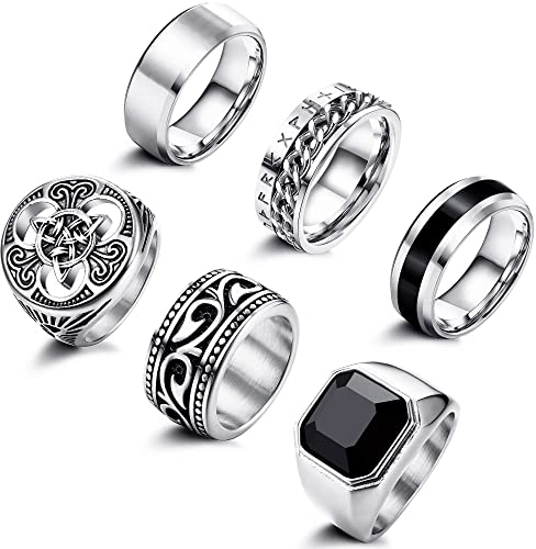 Adramata 6 Stück Herren Edelstahl Ringe Set - Keltische Knoten, Band, Biker, Gothic, Vintage Wikinger Siegelringe - Silber Gold für Männer