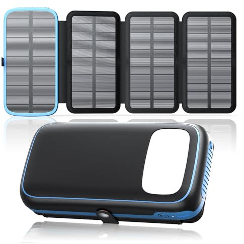 Cargador Solar Power Bank 27000mAh – FEELLE Batería Externa con 3 Salidas USB 3A Carga Rápida, Linterna Integrada y 4 Paneles Solares Plegables Cargador Portátil para Smartphones Tablets(Azul)