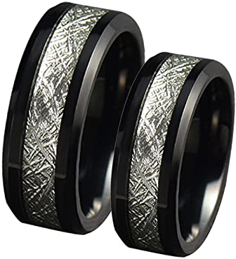 BCughia Paar Ringe Verlobung, Paarringe Schwarz 8 mm Schwarze Ringeinlage aus Silberfarbenem Metall Damengröße 65 (20.7), Herrengröße 60 (19.1)