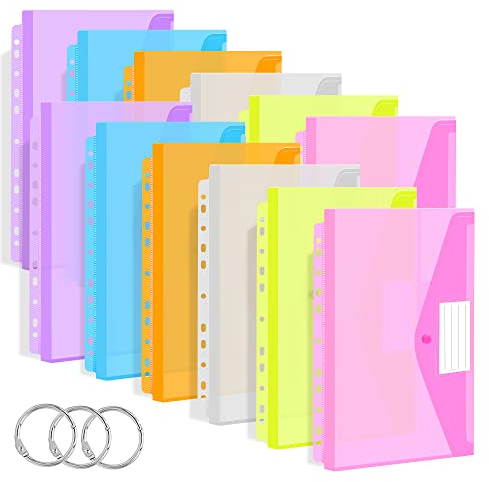 TOOELMON Dokumententasche A4, 12 Stück Transparent Dokumentenmappe A4 zum Abheften, Erweiterbare Wasserdicht Dokumenten Mappen Abheftbar mit Druckknopf und Etikettentasche, 6 Farben