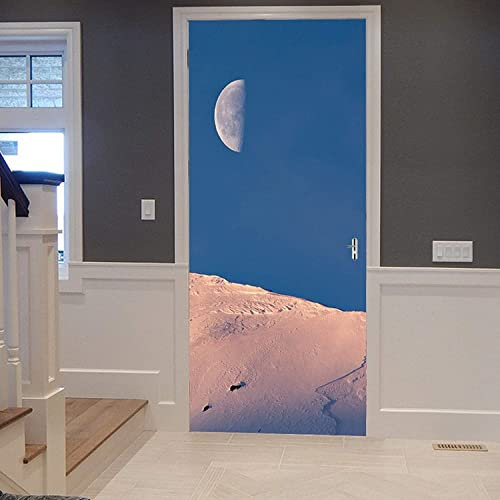 3D Paysage De Montagne De Neige De Lune Papier Peint De Porte Autocollant De Porte Poster Mural Art Mural Photo 77 X 200 Cm Décoration De Porte Amovible En Pvc Pour Salon, Chambre, Salle De Bain, Cui