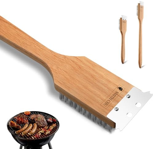 SMITH CHU Grillbürsten Set mit Schaber für BBQ, 3 IN 1 Reinigungsbürste mit Holzgriff, 48＆28 cm Extra Lange Grillbürste für Outdoor Grill, geeignet für alle Grilltypen, Reinigungsbürste mit Holzgriff