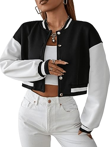 GORGLITTER Damen Crop Jacke Übergangsjacke Drop Shoulder Bomberjacke Baseball-Kragen Kurz Blouson Farbblock Jacken Schwarz M
