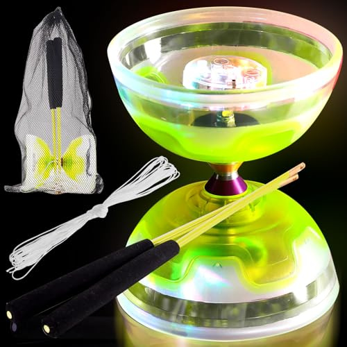 Chitidr Chinese Yoyo Diabolo Set Includes 5 Inch Colorful LED Diabolo Light Up with 2 Pieces Diabolos Sticks, 1 Piece String and 1 Piece Net Bag for Fun Christmas Gifts (Yellow)