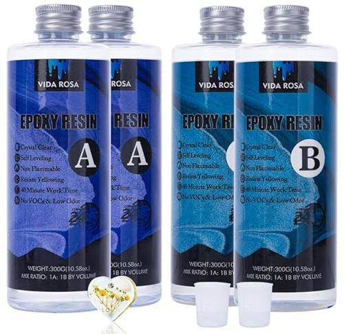 VidaRosa Epoxy Resin Kits für Anfänger, 1200ml/42,32oz Kristallbeschichtung für Kunsthandwerk, Schmuckherstellung, Flusstische, 4 Handschuhe, 2 Messbecher und 5 Holzstäbchen.