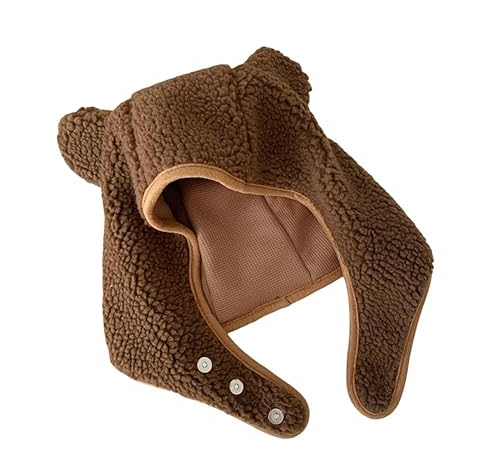 OATSBAS Fleece-Beanie-Mütze für Damen und Herren, Bären-Sicherheitsmütze, magnetische Schnalle, Ohrprojektion, niedliche Outdoor-Wintermütze, Braun, Einheitsgröße