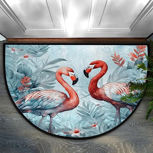 Paillasson demi-rond, motif flamants roses tropicaux, antidérapant, motif feuilles de palmier, lavable, durable, décoration d'intérieur, tapis en demi-lune pour sol, intérieur, extérieur, salon,