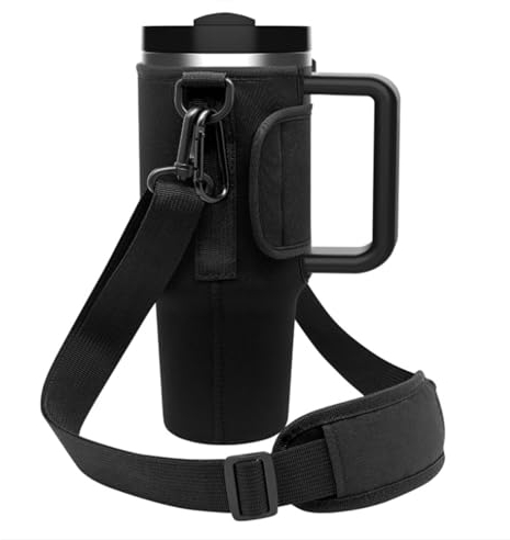 YivnuioL Water Bottle Carrier Bag Fits for Stanley Quencher H2.0 & Adventure 40 oz Tumbler with Adjustable Shoulder Strap, Neoprene Pouch Protector Sleeve for Hiking Travelling Camping (Black)