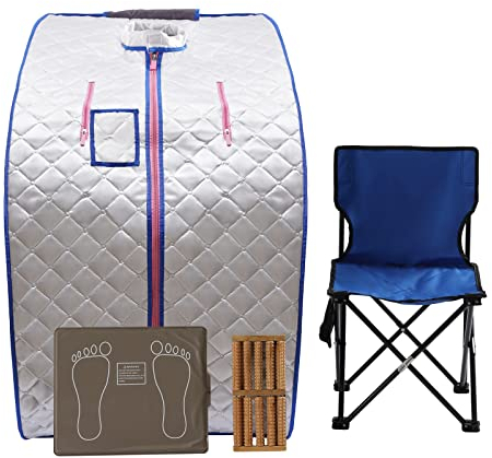 Infrarot Sauna, 750W Tragbar Sauna für Zuhause, Innenbereich Faltbar Mini Sauna, mit Klappstuhl, Einstellbarer Temperaturbereich 40-65 °C, Dampfkabine, Persönliches Spa usw (Silber)