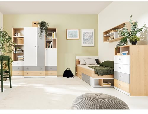 Lomadox Jugendzimmer Kinderzimmer Set in Eiche mit weiß und grau, 6-teilig, inkl. 90x200cm Bett, Kommode, Wandboard. Kleiderschrank, Regal, Standregal
