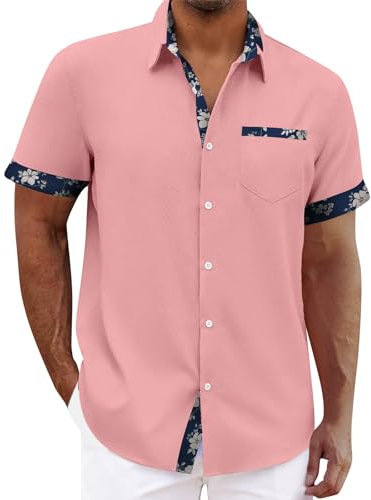 Chemise Hawaienne Homme Chemise Lin Homme Chemise Homme Manches Courtes Chemise Hawaienne Chemisette pour Homme Chemise Fleur Homme Chemise Homme Été Chemisette pour Homme Rose L