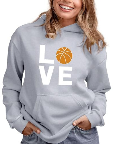 Angebote Tages Blitzangebote, Großer Pullover LOVE Basketball Langarm-Hoodie mit Taschen für Teenager-Mädchen weibliche Fans Sweatshirt-Kapuzenpullover (Grey L),Retouren Kaufen