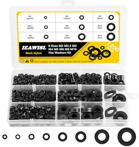 1200 Pezzi Rondella Piatta in Nylon, Piatte Guarnizione, Guarnizioni Idrauliche, Kit Distanziatore Rondella Distanziatrice - M2/M2.5/M3/M4/M5/M6/M8/M10 (Nero)