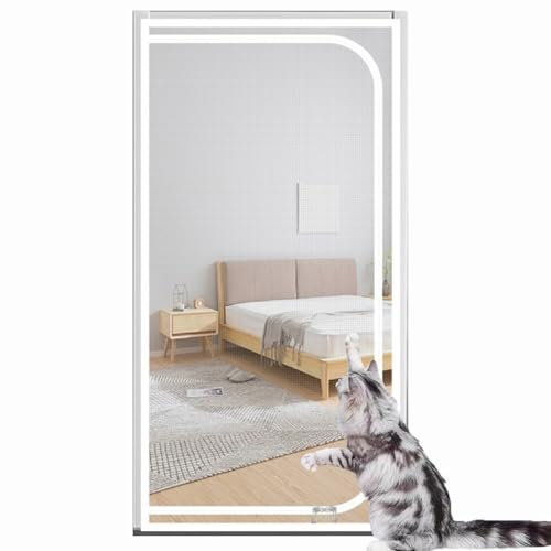 Yuly Custom Size Cat Screen Door Mesh,Cat Protection Door Net with Zipper,Self-Adhesive Anti-Mosquito Insect Netting,Prevent Cats Running Out From Home (White-D)