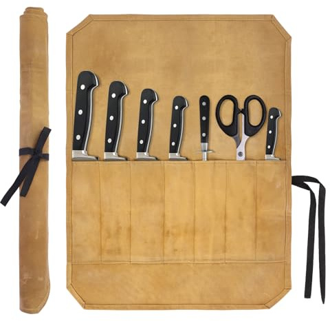 Oemmn Bolsa para cuchillos de chef, con 7 ranuras, lona encerada, funda para cuchillos de cocina para senderismo y camping, caqui, moderno