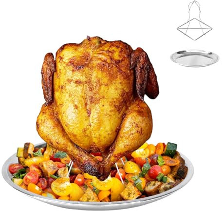 KAMaster Foldable Vertical Chicken Roaster Holder & Drip Pan Set - 304 Stainless Steel Grill Accessories for BigGreen Egg, Kamado Grill Joe, Weber - Easy Clean, Rustproof Design (1 Rack + 1 Pan)