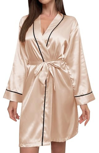 Robe de chambre en satin pour femme | Robe de chambre légère avec poches et ceinture - Vêtement de détente confortable - Chemise de nuit en satin de couleur unie, rose gold, 80