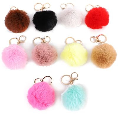 JEXOWIQ Porte-clés femme,10 pcs Pompon Porte Clé,Moelleuse Porte Clés de Pompon Doux Porte-Clés de Pompons en Fausse Fourrure pour Filles Femmes Chapeaux Chaussures Sacs Accessoires,En peluche douce