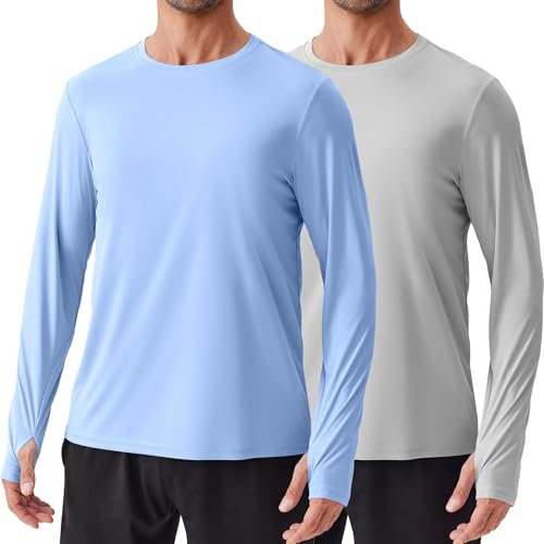 PINSPARK 2er Pack Sport Tshirts Herren UPF 50+ UV Schutz Schnelltrocknend Funktionsshirt Atmungsaktiv Langarmshirt Running Fitness Outdoor Surfen Rashguard Schwimmen Hellblau L